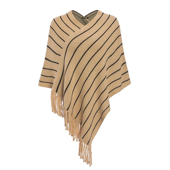 Striped Tan Faux Wrap Tassels Poncho - Picture 5 of 8